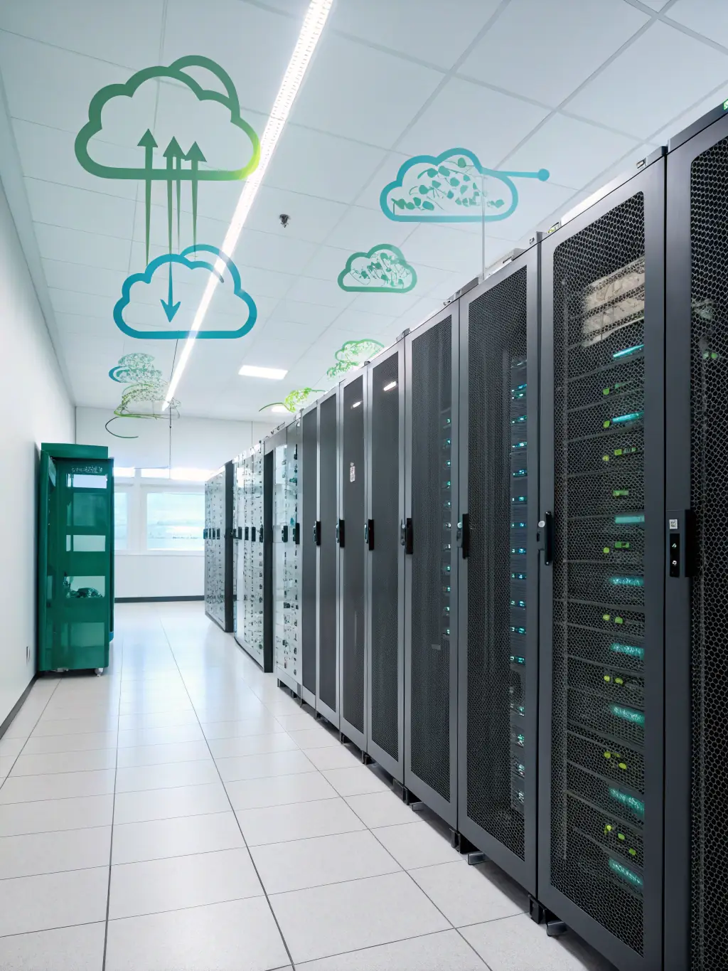 An image depicting a cloud data migration process, showing data flowing securely between on-premises servers and a cloud environment.