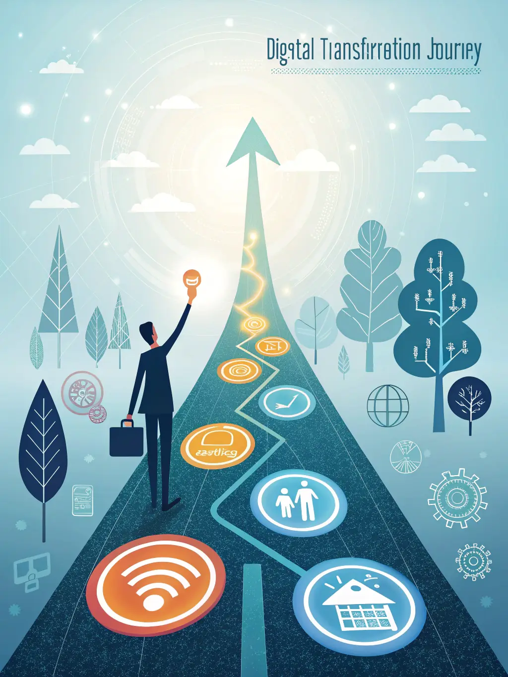 A visual representation of a digital transformation roadmap, illustrating the steps involved in modernizing a business's technology infrastructure.