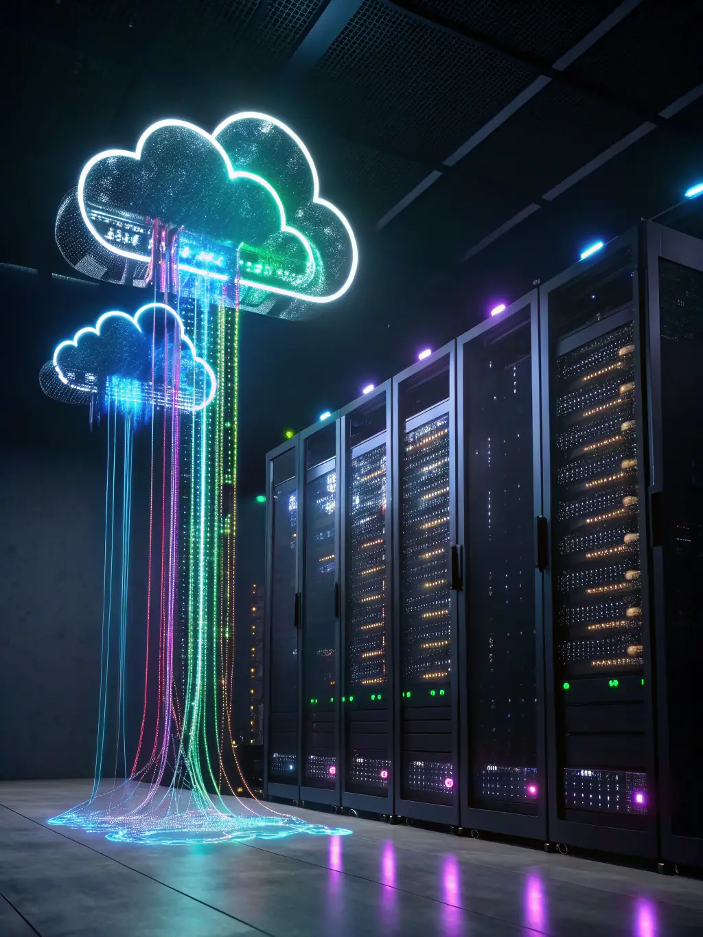 A graphic illustrating cloud computing infrastructure, highlighting whitecuptech's expertise in cloud migration and management.