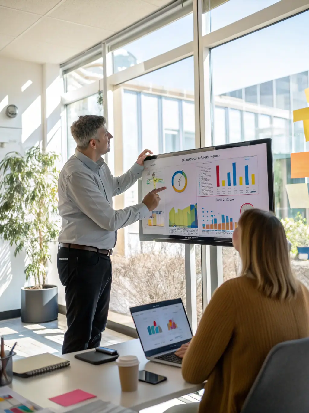An image of a consultant presenting a data analytics dashboard to a client, showcasing insights and recommendations based on data analysis.