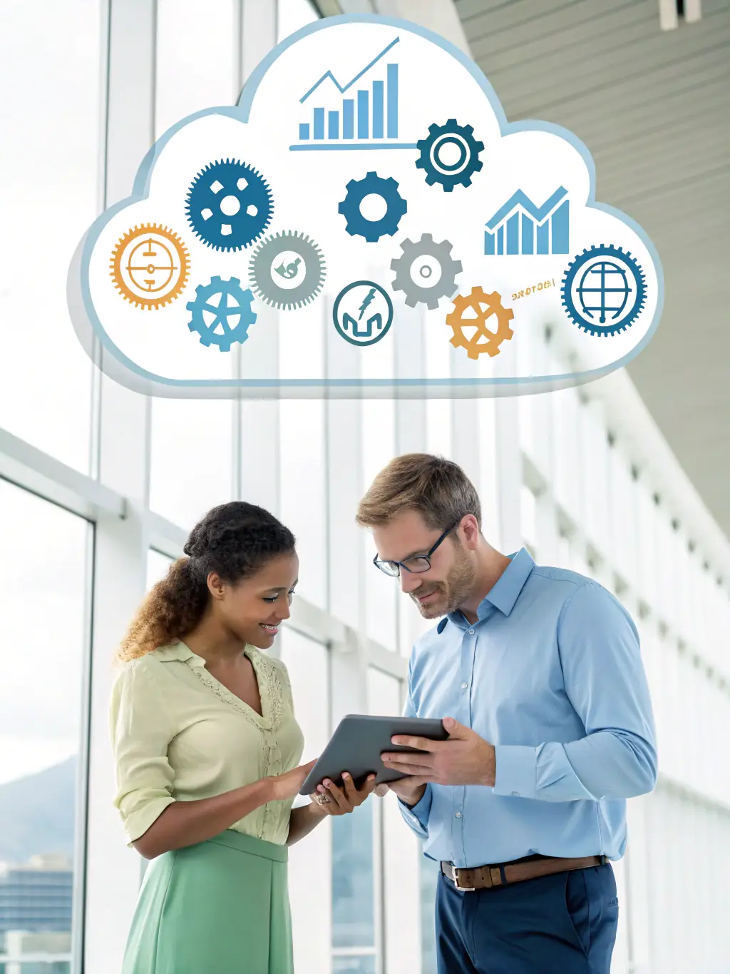 An image depicting a team of consultants working with a client to implement a new cloud-based system, showcasing whitecuptech's digital transformation expertise.