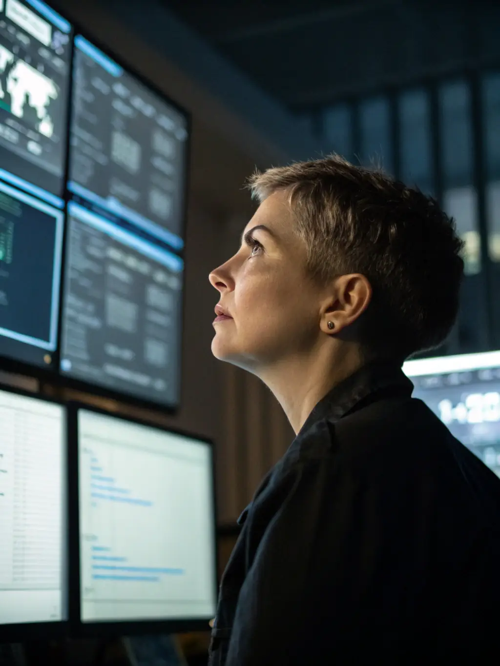 A professional photo of a cybersecurity expert analyzing network traffic on multiple monitors, highlighting the depth of analysis and protection offered by whitecuptech.