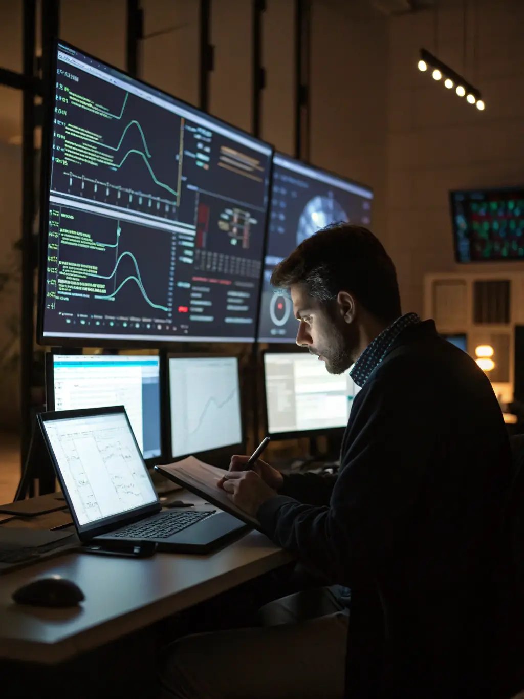 A professional photo of a cybersecurity expert analyzing network traffic on multiple monitors, highlighting whitecuptech's expertise in protecting client data.