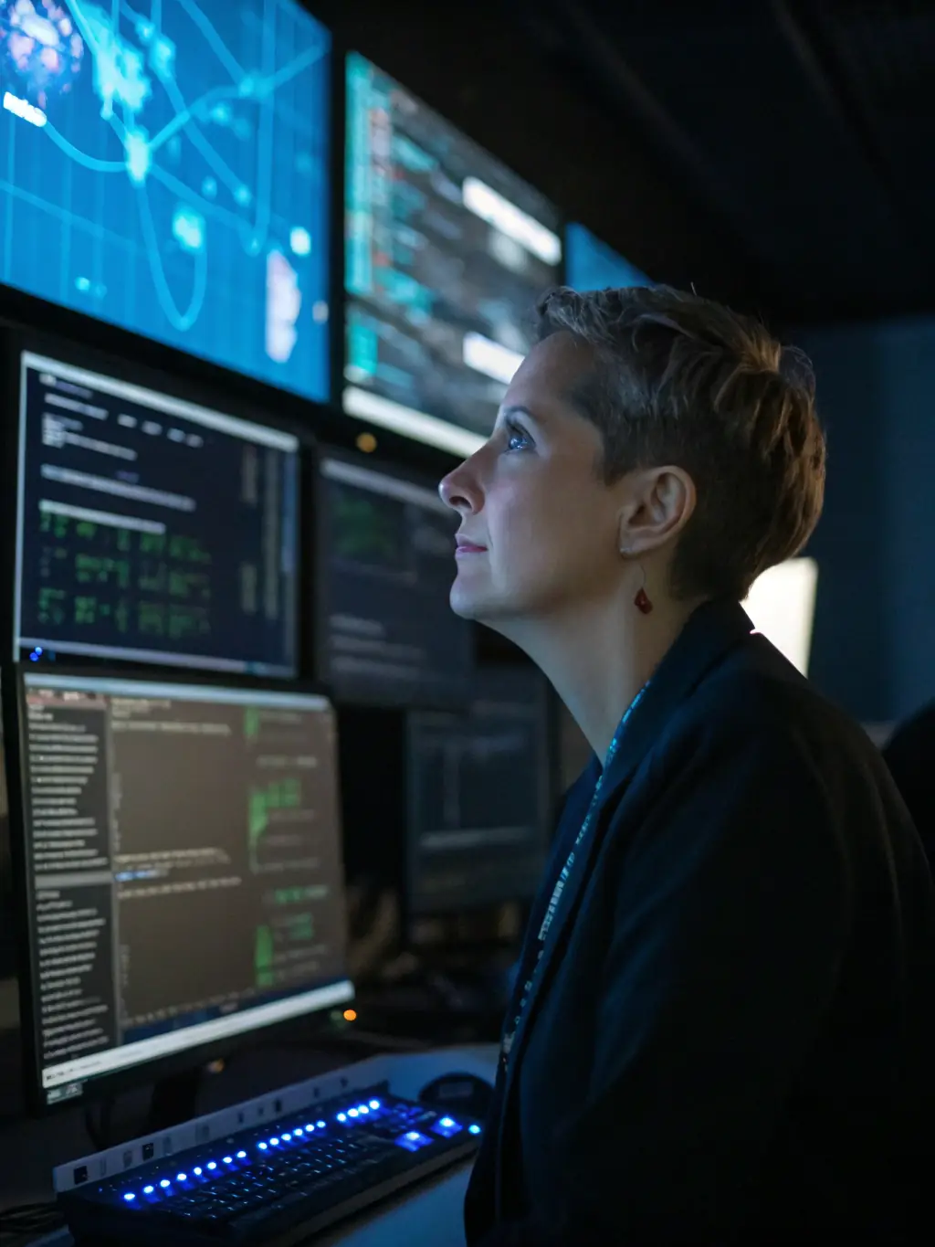 A professional photo of a cybersecurity expert analyzing network traffic on multiple monitors, highlighting the proactive threat detection capabilities of whitecuptech.